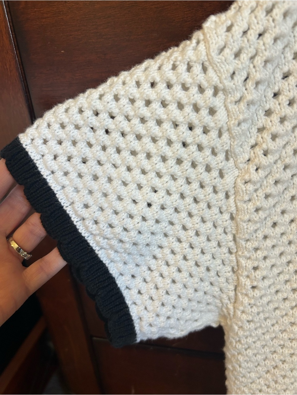 GAP White Open-Knit Button Down Top with Black Trim - Picture 3 of 5